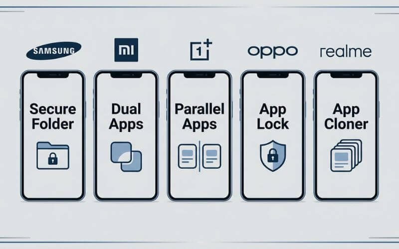 A professional layout showing logos of Samsung, Xiaomi, and OnePlus with their specific dual app feature names.