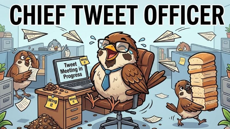 Cartoon office sparrow laughing at a desk while working as a funny corporate bird boss.