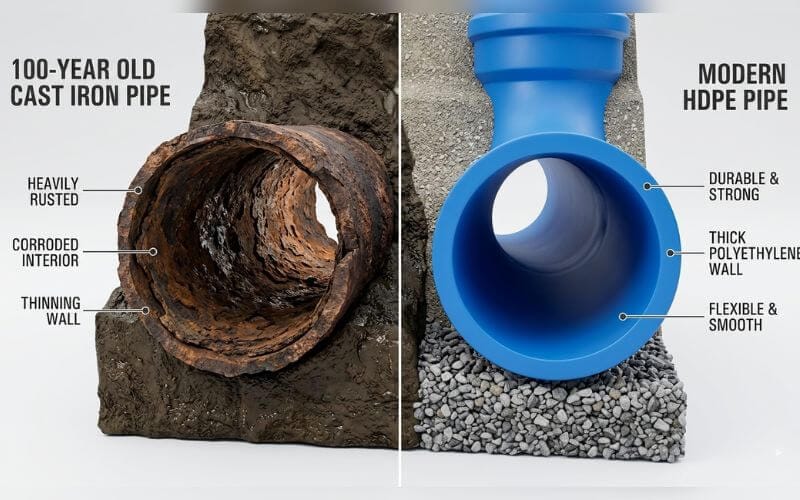 Comparison of an old rusty cast iron pipe and a modern durable water pipe.