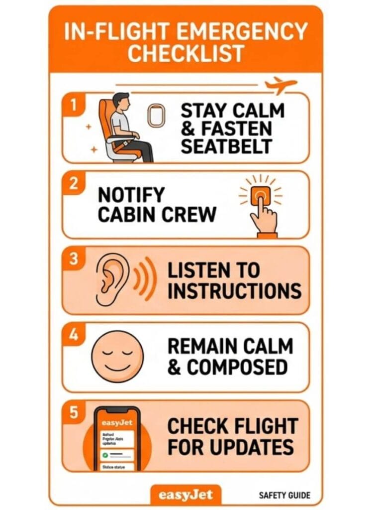 A 5-step printable infographic checklist for passengers to follow during an in-flight medical emergency.