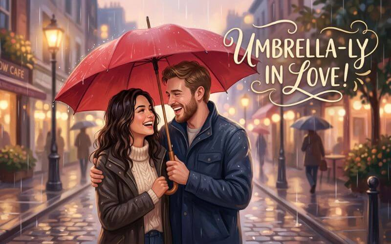 Romantic couple laughing under an umbrella with a punny caption.