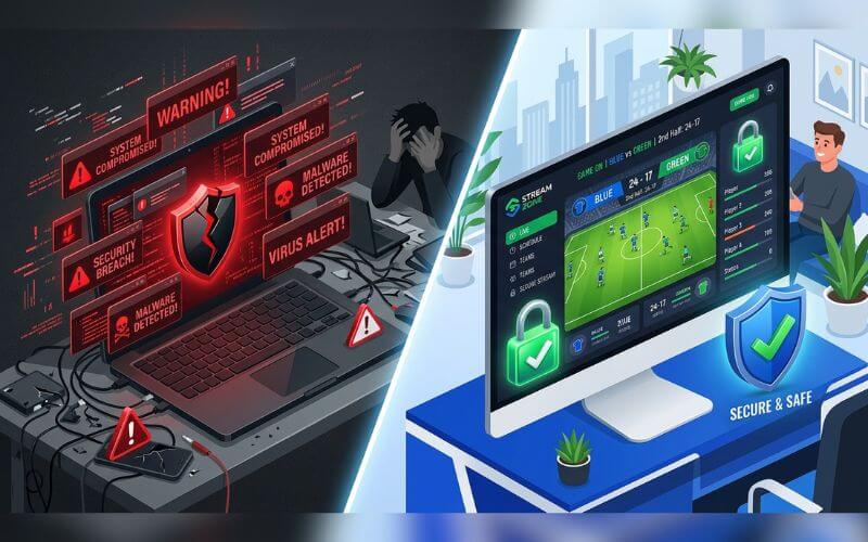 A split-screen comparison showing a dangerous malware-filled site versus a clean, legal sports app interface.