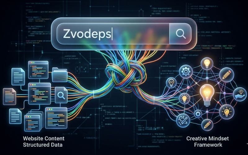 Abstract visual representation of a search engine algorithm sorting confusing Zvodeps data