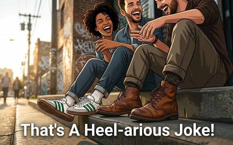 A close-up cartoon illustration of a character laughing while wearing jeans with a Jean-ius Style pun tag.