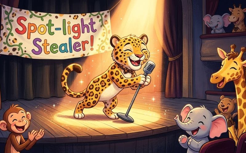 A cartoon leopard performing on a stage under a spotlight, receiving applause from other animal friends, with a witty pun heading.