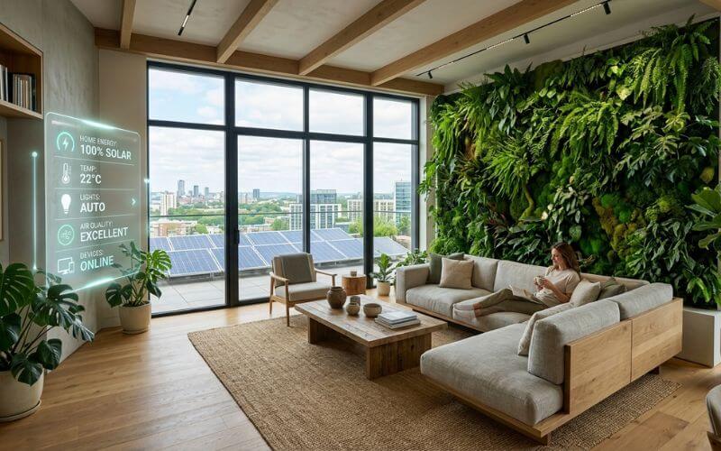 Sustainable and smart home renovation features including solar energy and biophilic design.