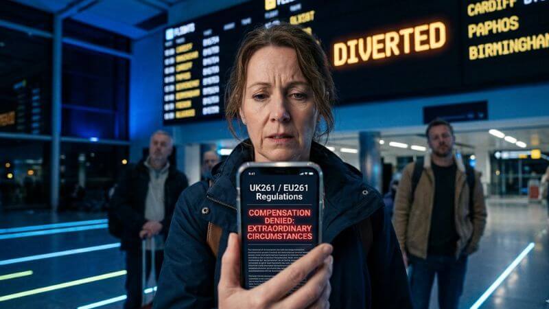 Frustrated passenger looking at a smartphone displaying UK261 passenger rights at Birmingham Airport terminal.