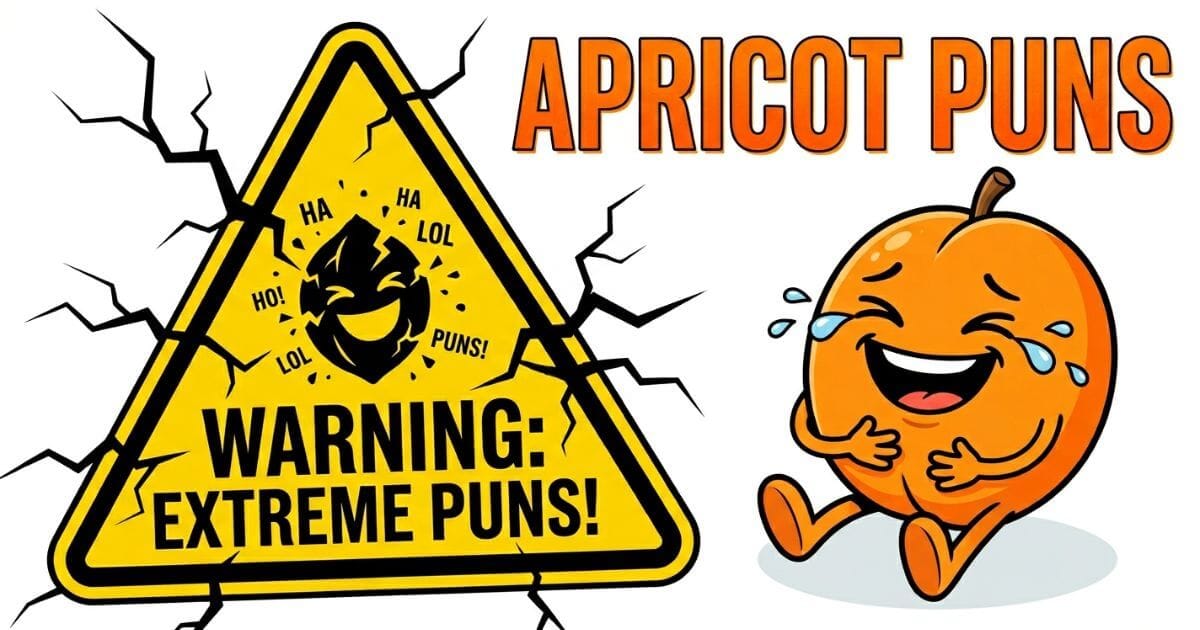 Laughing apricot under text apricot puns with a warning sign