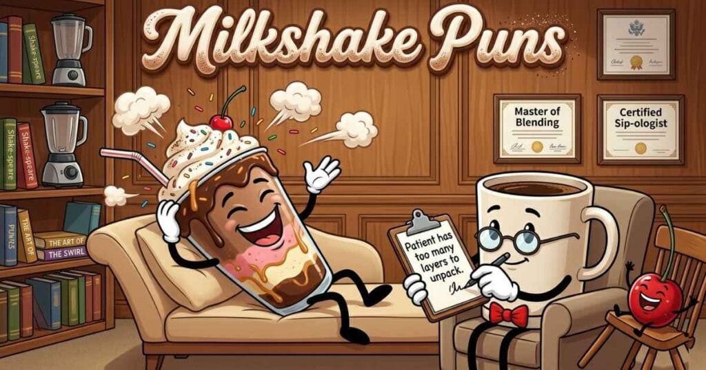 Milkshake puns cartoon showing a laughing milkshake in therapy while the therapist writes "patient has too many layers to unpack."