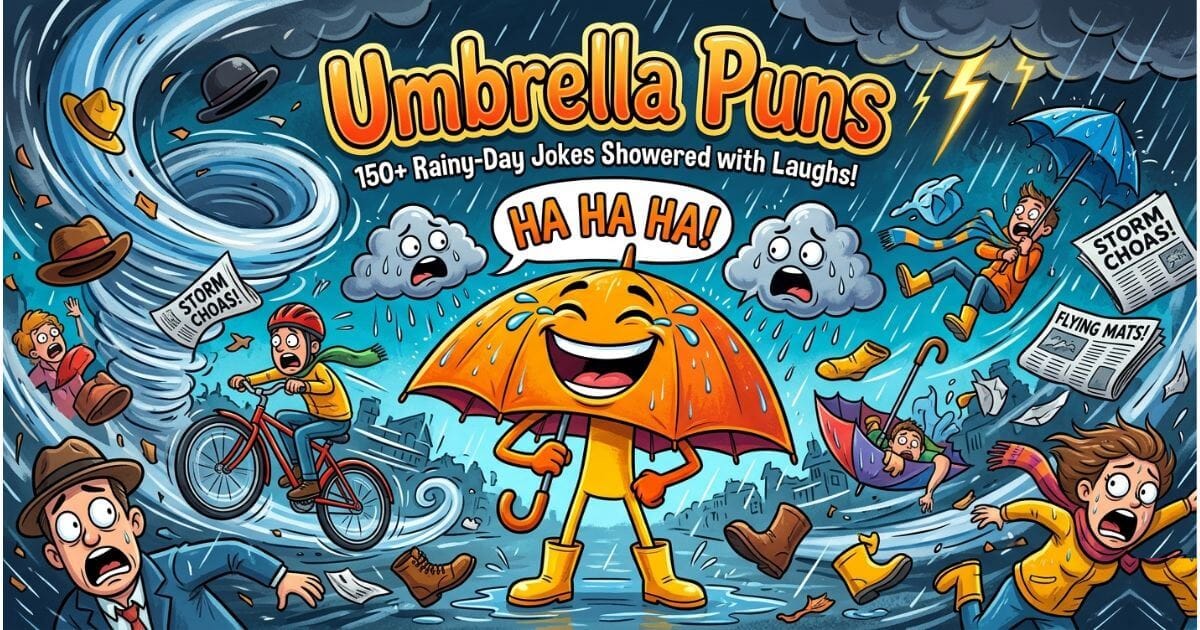 Laughing umbrella under text 'Umbrella Puns' surviving a ridiculous storm while everything else flies away