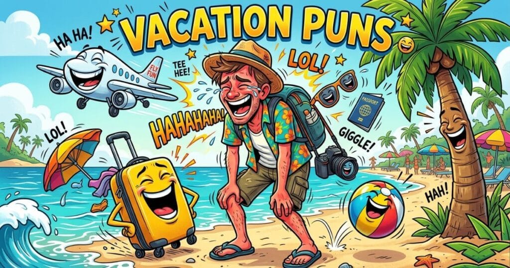 Laughing cartoon traveler under heading 'vacation puns' surrounded by laughing airplane beach ball and suitcase