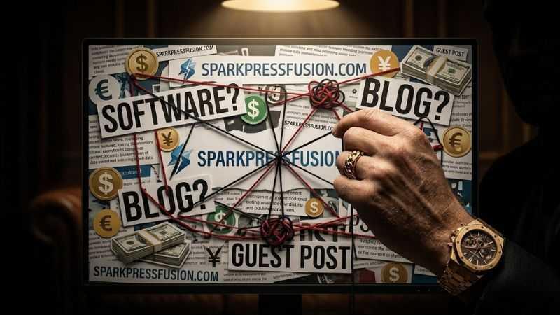 A mysterious, high-stakes image showing an anonymous, wealthy hand manipulating a screen labeled sparkpressfusion com, questioning the site's true ownership.