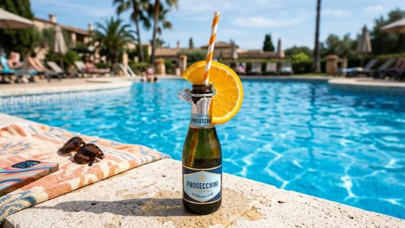 A mini Prosecco bottle served directly with a straw and an orange wedge inside it
