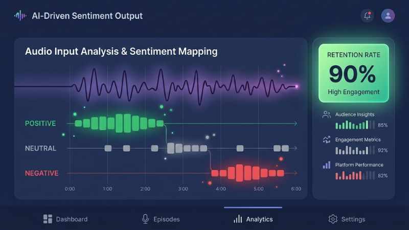 AI-driven sentiment analysis dashboard showing podcast listening behavior data layers