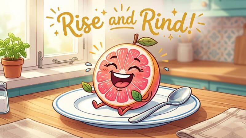 Cartoon grapefruit character on a breakfast plate laughing with text Rise and Rind.