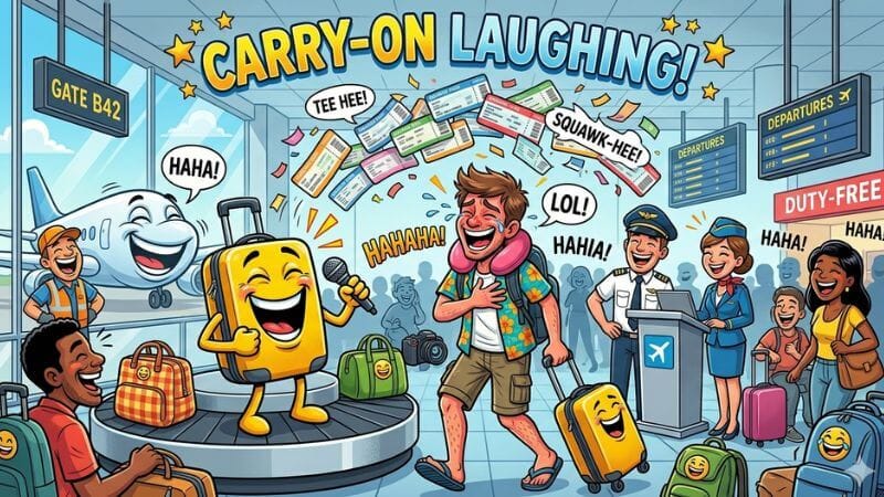 Laughing cartoon suitcase making jokes at airport terminal