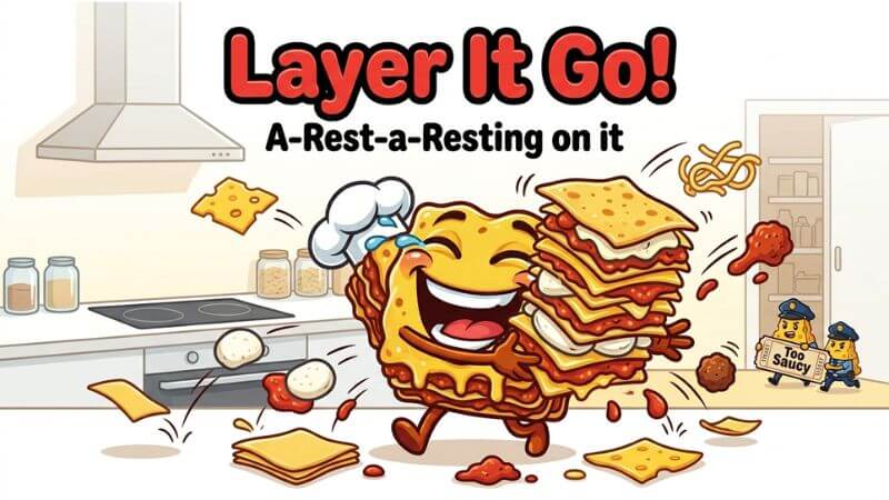 Laughing lasagna character accidentally dropping pasta layers.