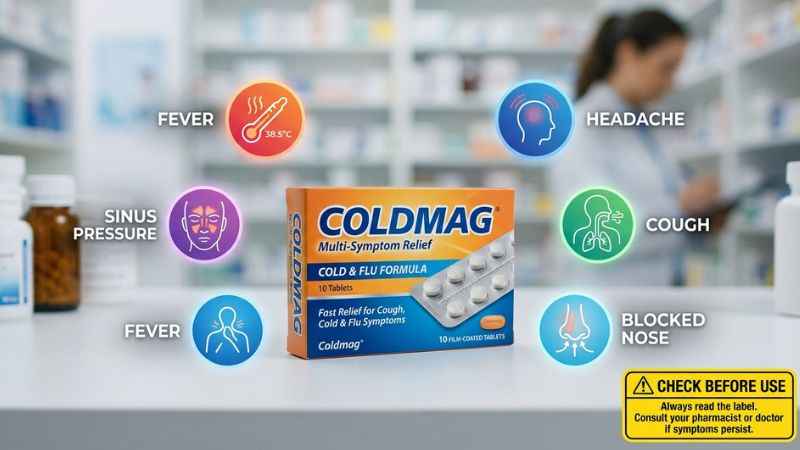 Coldmags com medicine confusion showing Coldmag tablet and symptoms