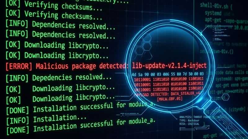 A conceptual terminal log showing a hidden dependency confusion software security risk