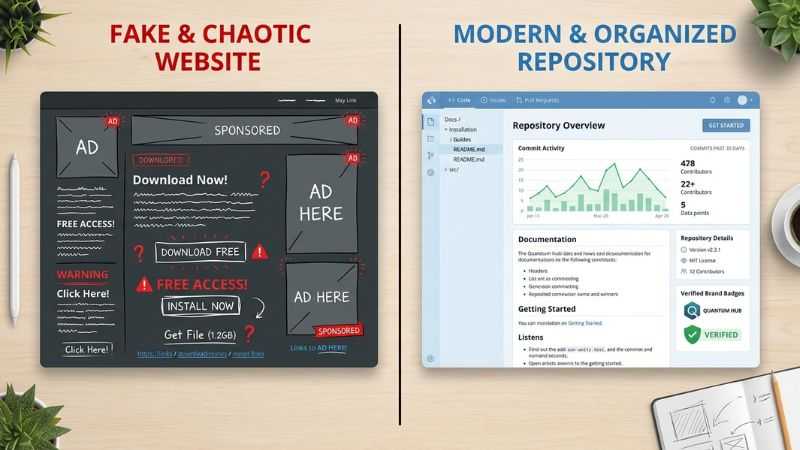 A sleek split-screen comparison layout separating scam platforms from real developer tools
