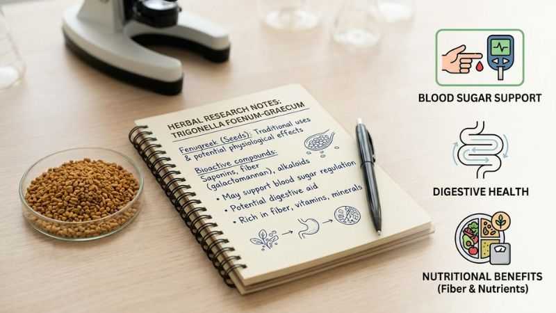 Foenegriek research benefits showing seeds and health concepts