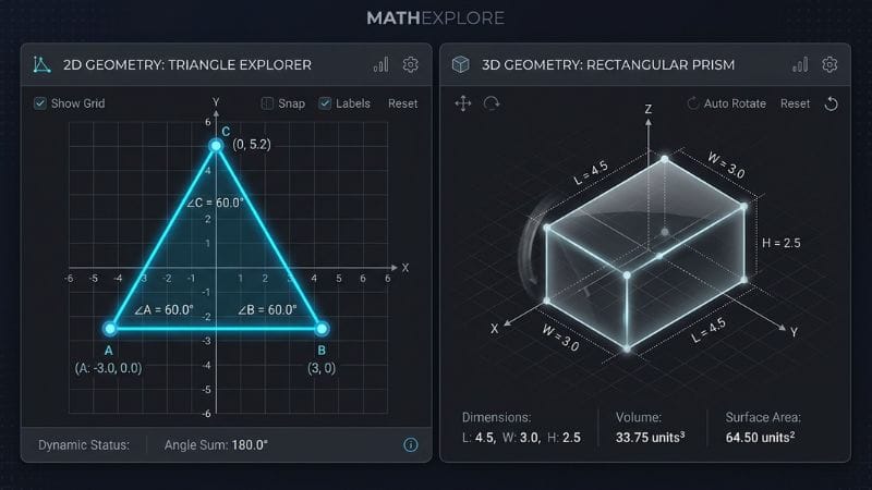 2D and 3D coordinate grids displaying triangles and cubes in the Geometry Learn V3 interface