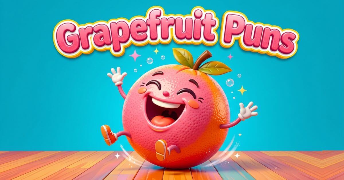 A funny cartoon grapefruit character laughing hysterically with big bold text reading Grapefruit Puns.