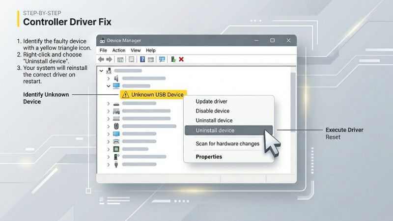 Troubleshooting Windows device manager error code 43 for budget controllers.