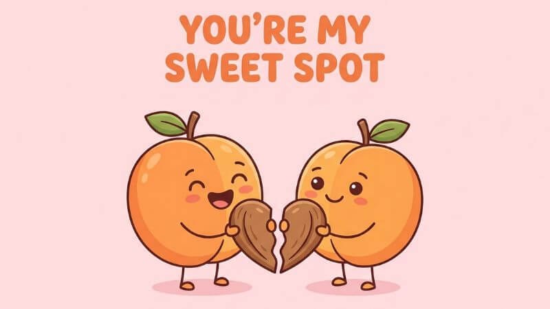 Laughing apricot mascot holding half of a heart while another apricot holds the other half