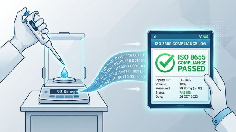 A clean technical flow diagram illustrating liquid drops converting directly into a digital LIMS audit file.