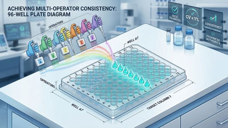 A 3D diagram showing six multi-colored user paths standardizing an ELISA 96-well plate setup.