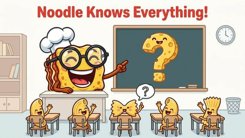 Laughing lasagna teacher answering silly noodle questions.