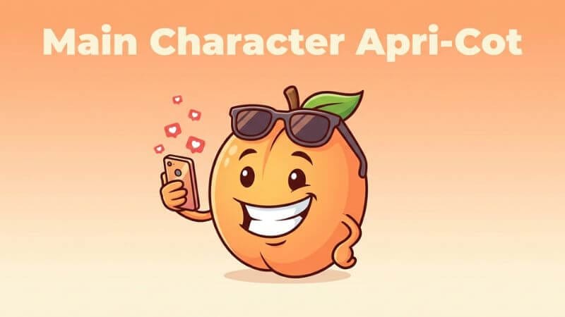 Laughing apricot mascot taking a selfie with huge confidence