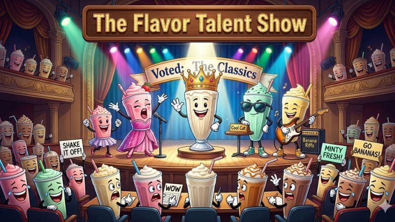 Laughing milkshake flavors performing in a cartoon talent show.