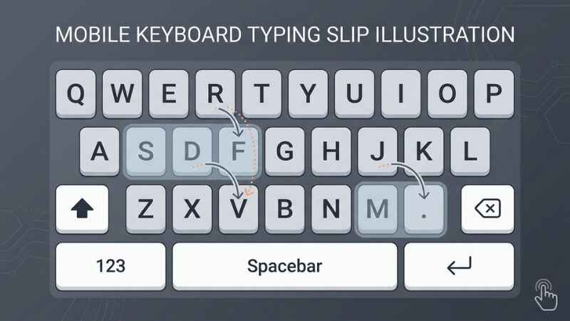 A close-up layout diagram of a mobile phone QWERTY keyboard showing how adjacent typing patterns occur.