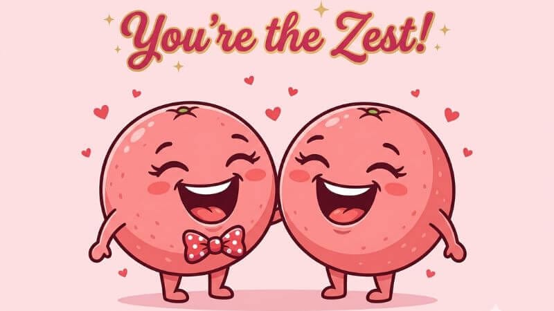 Two cute cartoon grapefruits in love, holding hands and laughing with text You're the Zest