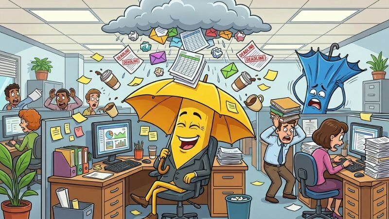 Laughing umbrella employee surviving a storm of emails and deadlines