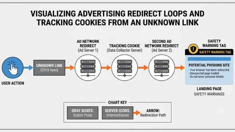 A visual data diagram tracking how a single click on an unverified link creates a redirection chain through online networks.