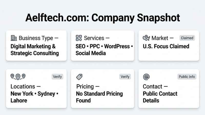 Aelftech.com company snapshot showing business type, services, U.S. market focus, locations, pricing, and contact details