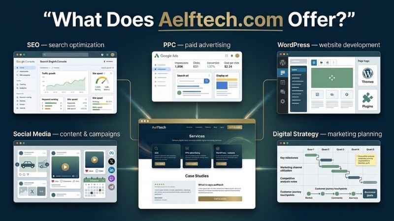 Aelftech com services including SEO, PPC, WordPress development, social media marketing, and digital strategy