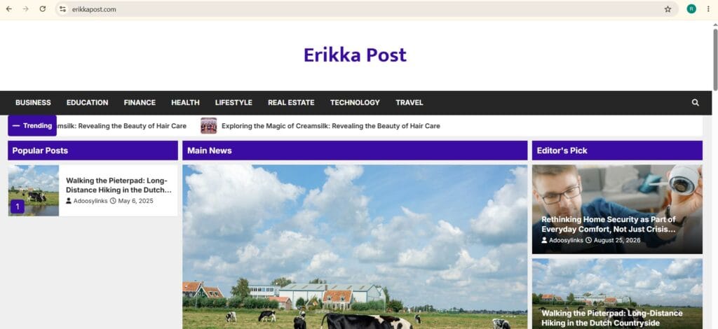 Erikkapost.com homepage showing article categories and website navigation