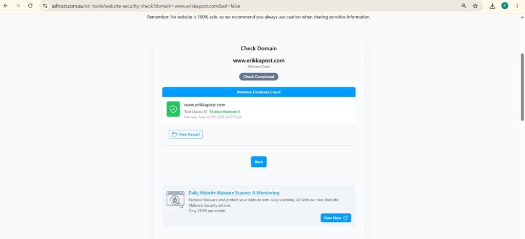 Website safety check for Erikkapost.com using a current security tool