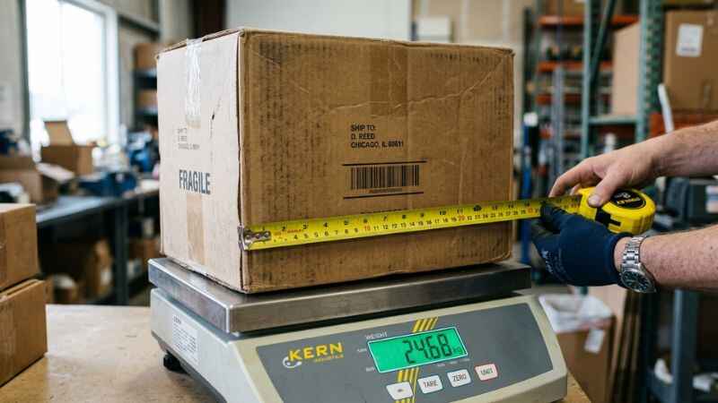 A cardboard shipping box being measured with a tape measure on a scale.