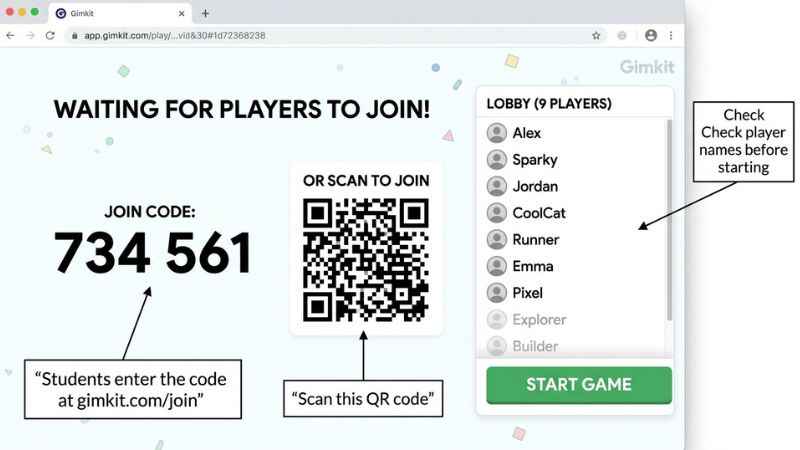 Gimkit live lobby showing the game code QR code and waiting players