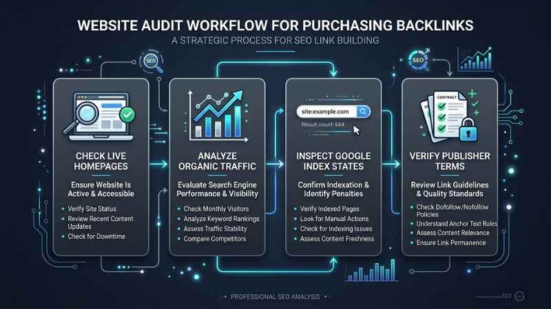 Step-by-step flowchart graphic for auditing guest post traffic and backlink safety on a website review.