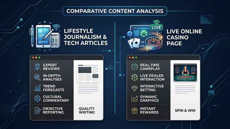 Side-by-side visual comparison showing historical tech magazine search snippets versus current casino content for MagazinePanda.
