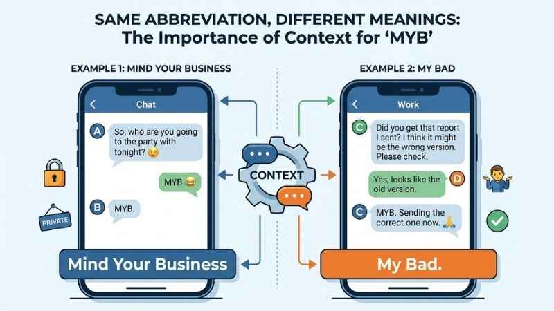 Two MYB text examples showing how context changes the meaning