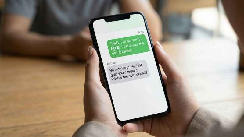 Texting example showing MYB meaning My Bad after a mistake