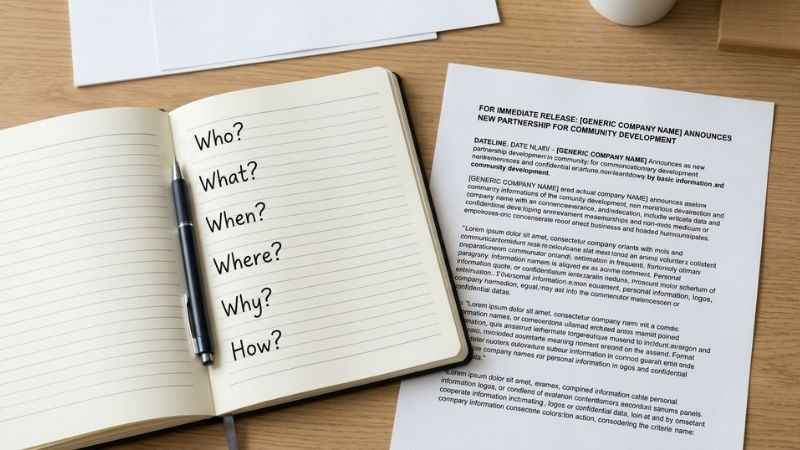 Press release planning worksheet showing the 5 Ws and H