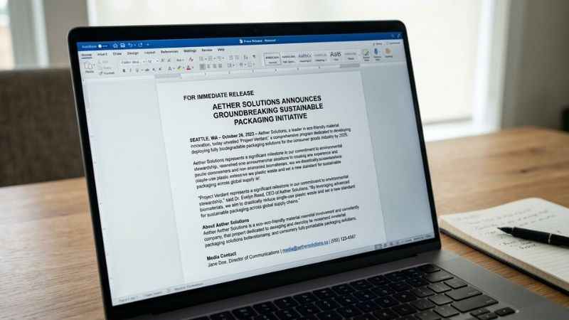 Press release format showing the headline, dateline, lead, quote, boilerplate, and contact details